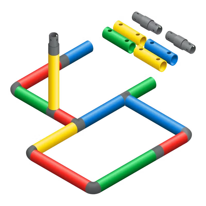 Exploded view of coloured tubes and connectors for the QUADRO curved slide frame