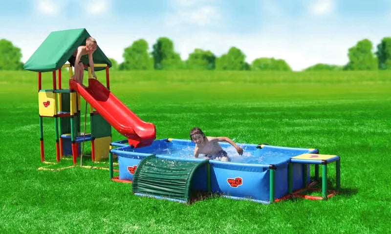 Covered QUADRO tower with integrated red slide leading into a blue pool