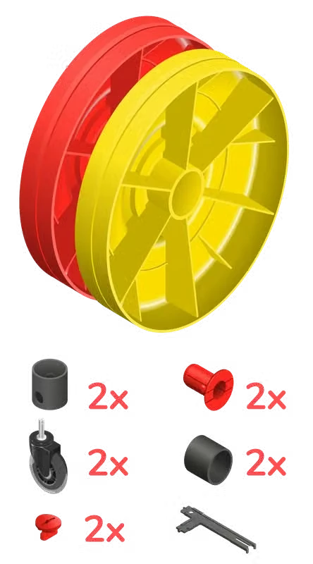 Parts overview for a two-wheel QUADRO Mobil set with wheels and connectors