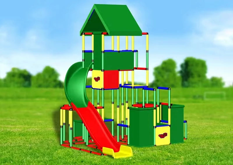 Tall covered QUADRO play tower with modular red slide and side platforms